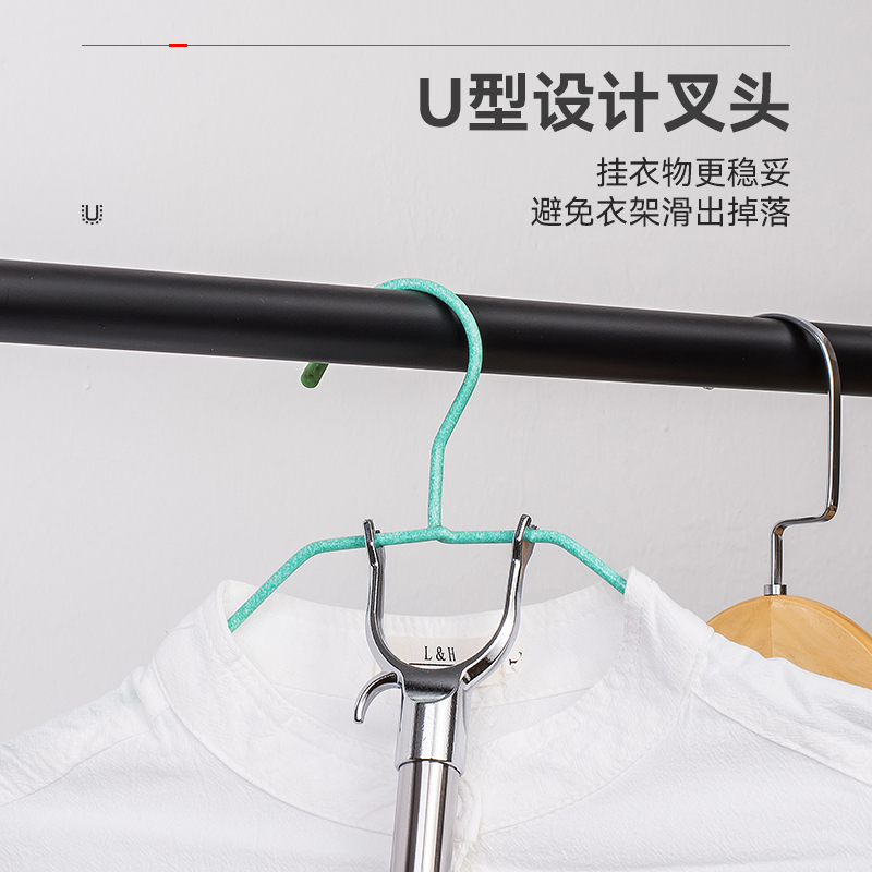 [补贴撑衣杆家用晾衣杆丫叉凉衣杆宿舍取衣服棍挑衣杆子伸缩衣叉杆阳台 [塑料头]加长款+墙架 蓝青色 (83-143cm)高清大图