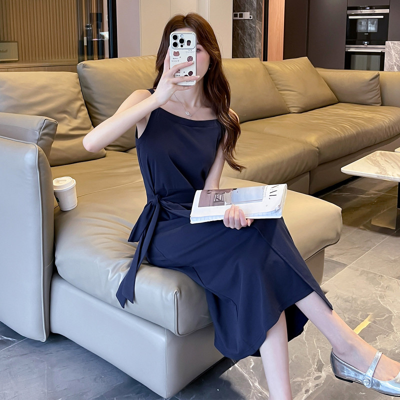 [2.5折价103元]唐狮夏季女圆领背心净色无袖连衣裙简约气质优雅百搭高级感