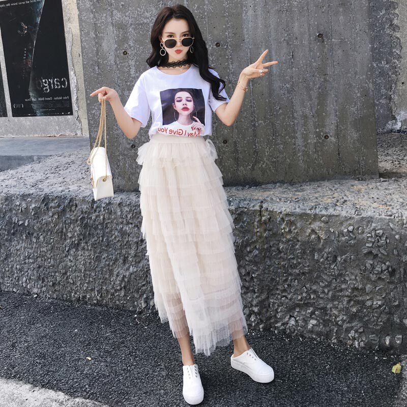 半身裙夏女高腰层层裙百褶中长款ins超火的网纱裙子2018新款