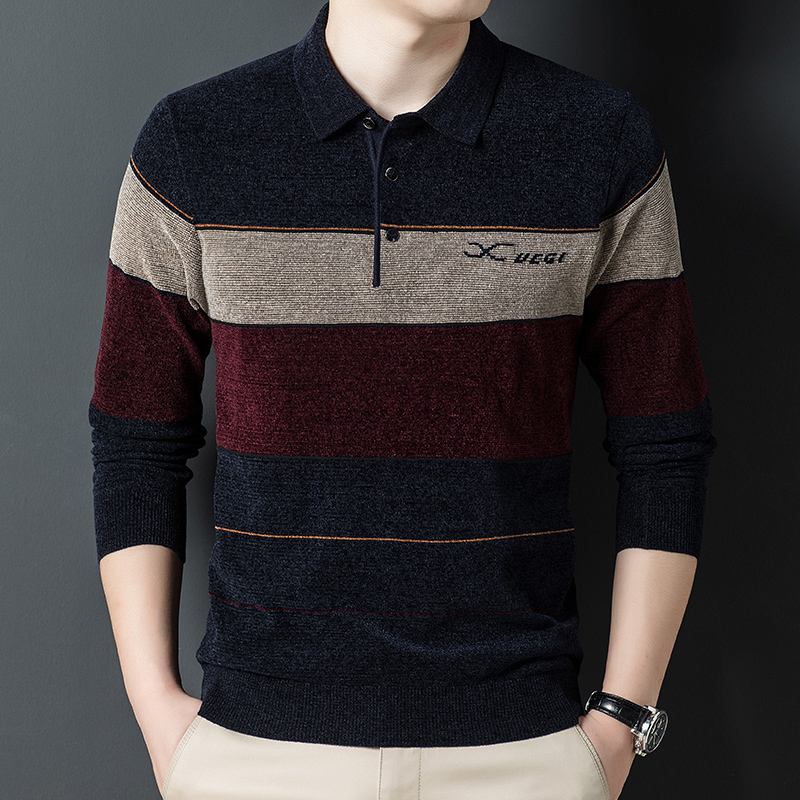 恒源祥中年男士长袖T恤秋季男装薄款翻领含羊毛针织体恤衫爸爸装 红色639 175/XL