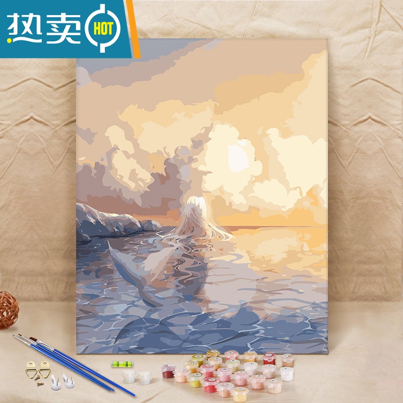 敬平diy数字油画油彩画 客厅抽象风景手工绘画数码丙烯填色装饰画鲸鱼装饰画 A067 50*65彩色厚框无外框画板+颜料+画笔+无痕钉