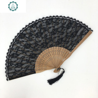 送扇套7寸双层蕾丝扇古典女式扇子竹工艺小礼品扇日式折扇 封后 黑骨黑面贝壳扇