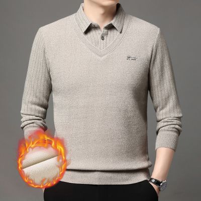 雪貂绒男士假两件毛衣冬季新款加绒加厚保暖翻领打底针织衫男 XXXL/56 米色