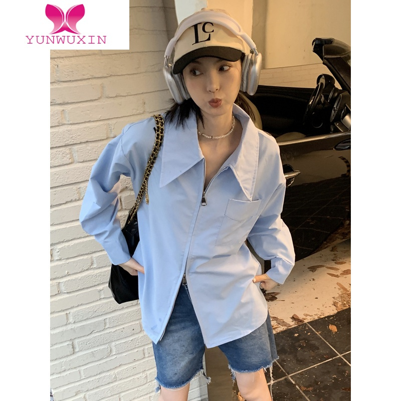 YUNWUXIN白色长袖衬衫女秋装2022年新款设计感小众中长款宽松拉链开衫上衣