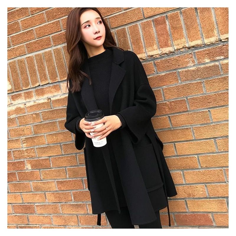 黑色呢子大衣外套女潮ins秋冬新款韩版休闲气质毛呢外套女中长款
