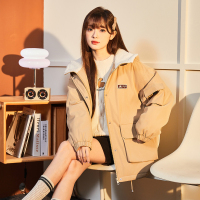 唐狮2023新款棉衣外套女冬装外套仿羊羔毛拼接连帽棉袄ins潮K_2477 S 核桃卡