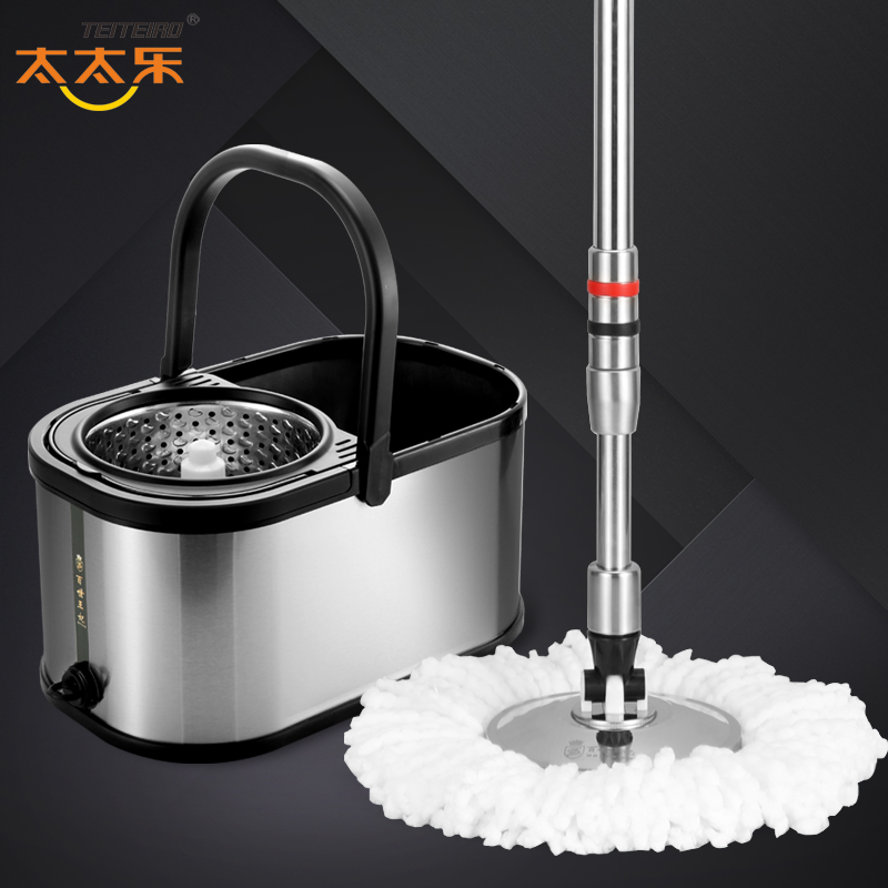 [太太乐拖把 5年包换]大号不锈钢旋转拖把桶免手洗甩干脱水双驱动墩布甩水拖地吸水拖布刮刮乐扫把桶高清大图