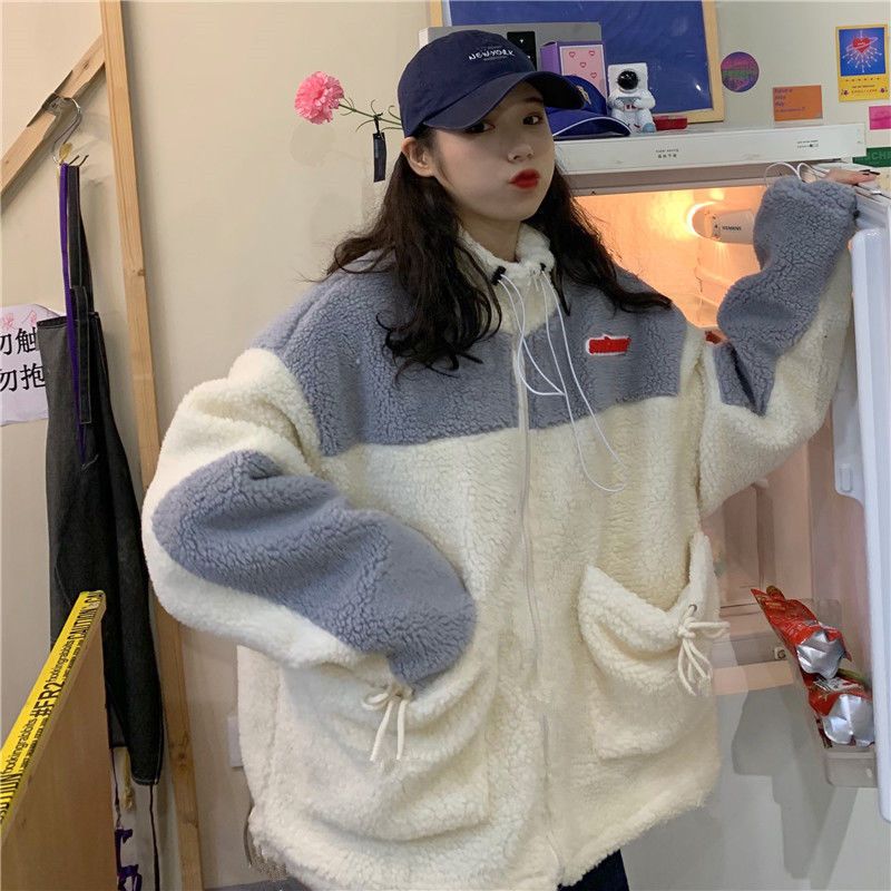 羊羔毛外套女韩版原宿bf拼色宽松学生开衫保暖大衣加绒加厚棉服冬
