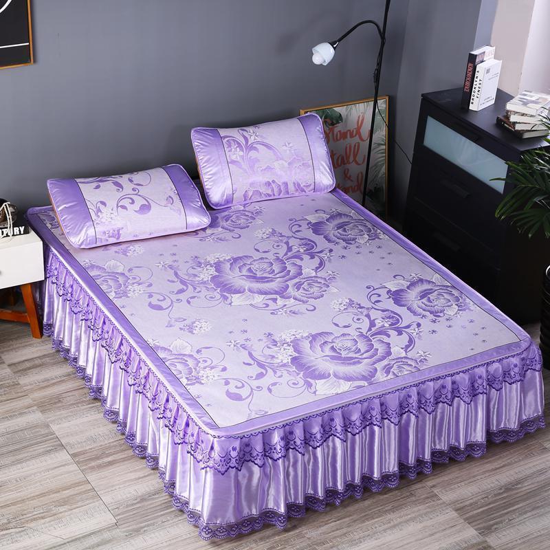美帮汇冰丝凉席床裙款三件套可拆卸 夏季蕾丝1.5米1.8m空调软凉席可折叠 紫红色花容月貌-紫 1.8m（6英尺）床