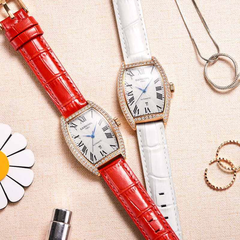 正品嘉年华Carnival手表女士全自动机械表 女表时尚潮流防水镶钻日历表真皮名牌女表新款酒桶腕表8857高清大图