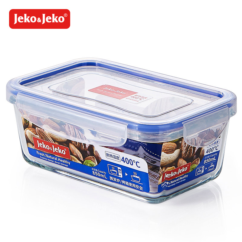 JEKO&JEKO 850ml厨房冰箱玻璃饭盒微波炉密封碗耐热玻璃便当盒长方形保鲜盒SWB-6132