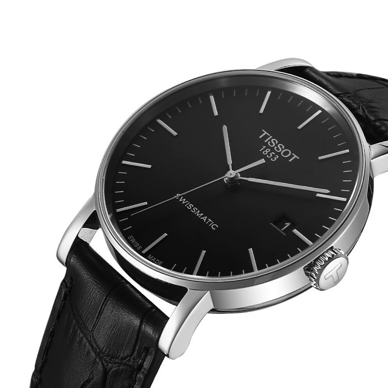 天梭tissot瑞士手表魅时系列休闲商务自动机械表男表黑盘皮带t