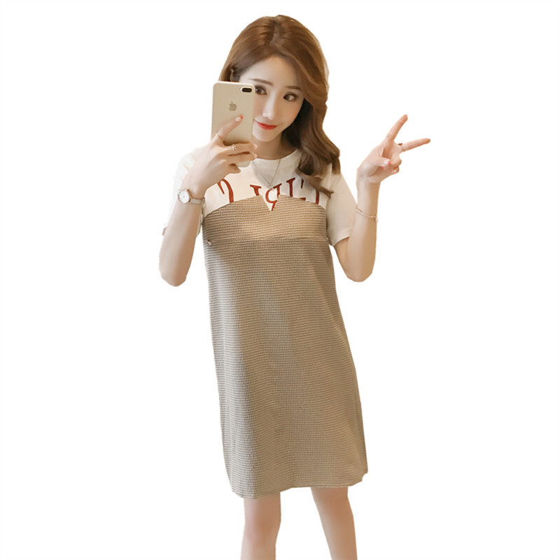 产后哺乳衣服夏季外出喂奶装中长款短袖宽松休闲T恤哺乳期连衣裙图片色
