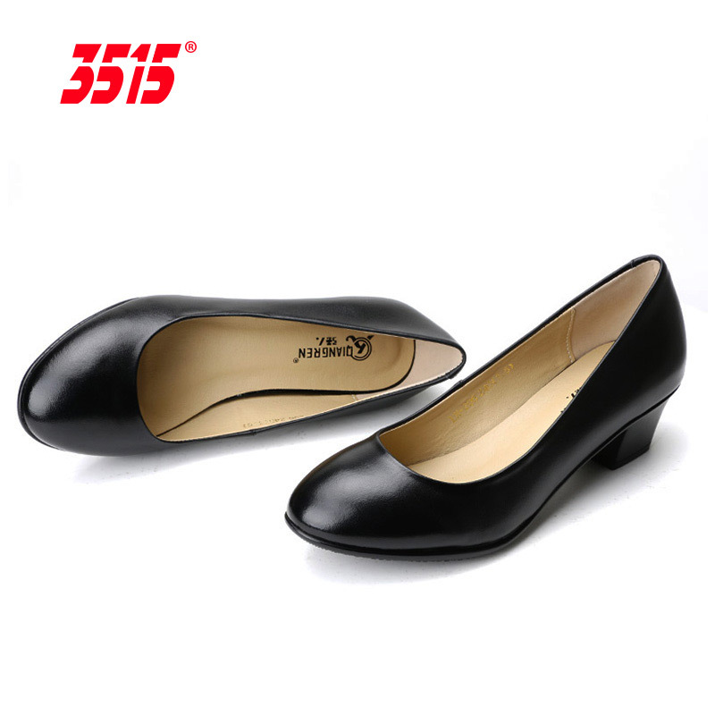 际华3515强人皮鞋女春秋粗跟黑色职业正装百搭女鞋简约单鞋高跟鞋