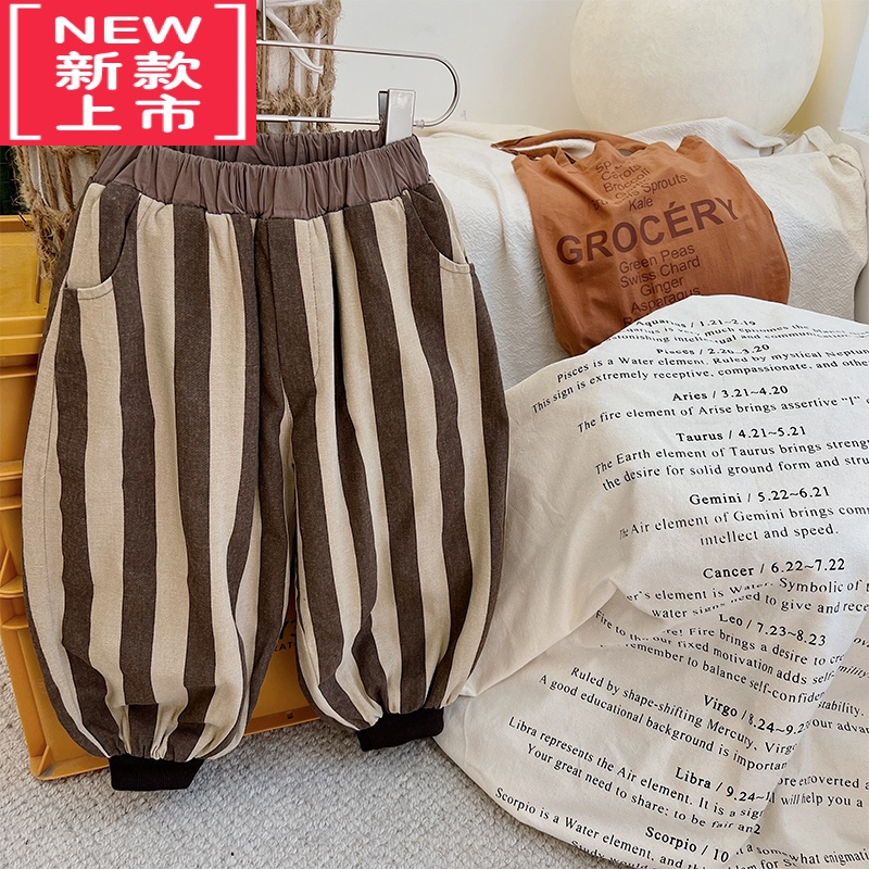 可莉允文艺范~韩版儿童双层加绒保暖灯笼裤冬装男童撞色竖条纹哈伦裤潮保暖裤