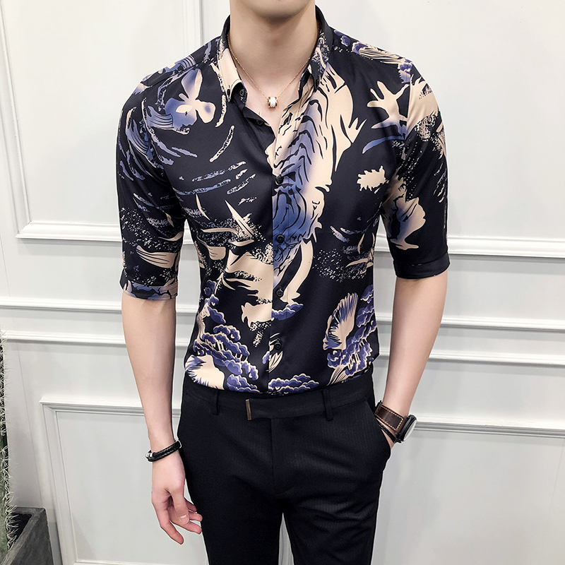 夏款英伦印花修身中袖衬衫男绅士五分袖寸衫男短袖衬衣型师工装