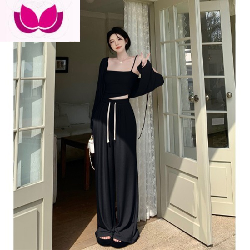 七斓韩剧穿搭三件套装春季2023新款时尚气质吊带开衫上衣高腰阔腿裤女