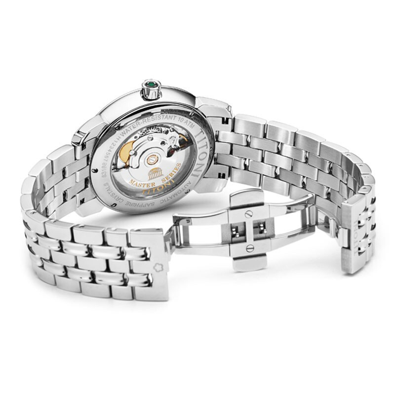 titoni梅花手表男大师系列瑞士天文台精钢日历自动机械表时尚银色8318