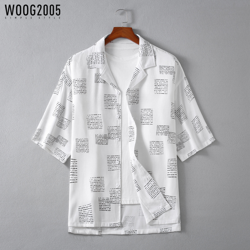 WOOG2005 轻奢短袖男士衬衫薄款宽松休闲外穿时尚半袖衬衣五分袖
