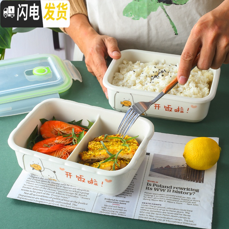 三维工匠饭盒便当盒分格陶瓷碗可微波炉加热学生上班族保鲜二三格分隔餐碗 萌萌君饭盒无格+二格送餐具保温袋