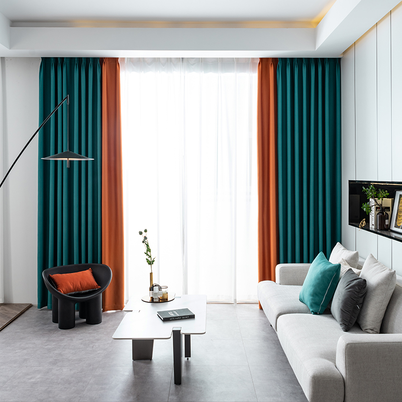 京城派 遮光窗帘北欧简约现代竹节缎面挂钩窗帘降噪打孔窗帘飘窗客厅帘子遮阳布纯色拼色加厚轻奢卧室挂钩窗帘高清大图