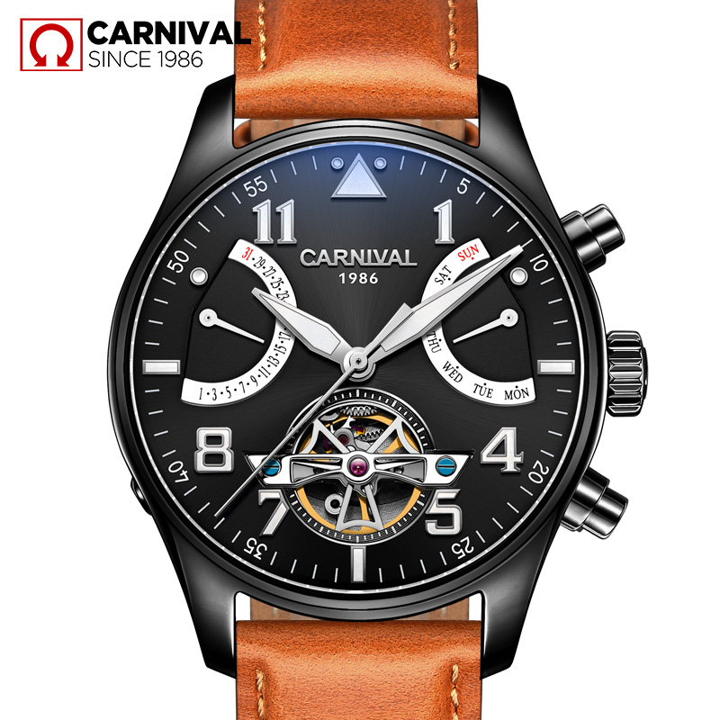 嘉年华Carnival手表大表盘男士全自动机械表 男真皮表带商务针扣腕表夜光防水休闲时尚大气魅力型男必备8783G黄皮 黑钢黑面