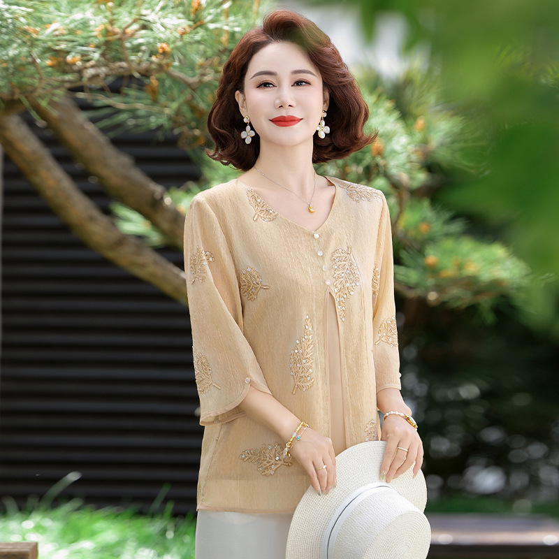 纤孜雅 妈妈中式夏装T恤小衫新款中老年女宽松刺绣纯色洋气上衣女假两件高清大图