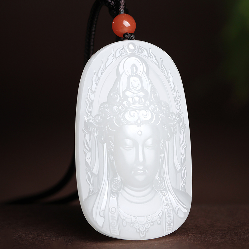 印象眸 和田玉观音吊坠 白玉/浅青玉观音菩萨头像男款玉石吊坠 附送