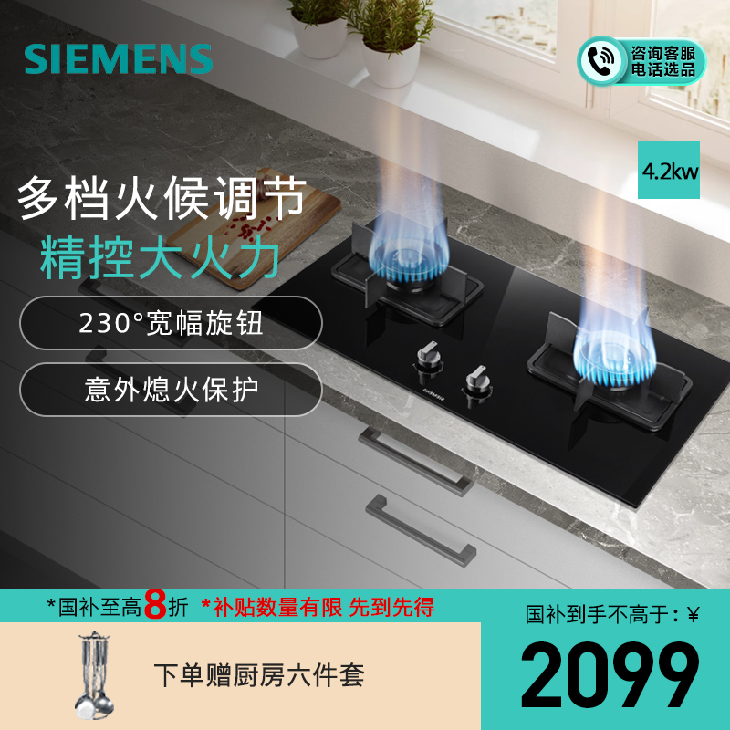 西门子 4.2kw 燃气灶 嵌入式天然气灶具 台式双灶 玻璃面板 一级能效 ER8MF233MP