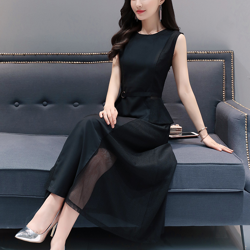 无袖雪纺连衣裙长裙女夏女士新品修身小清新中长款两件套网纱裙子
