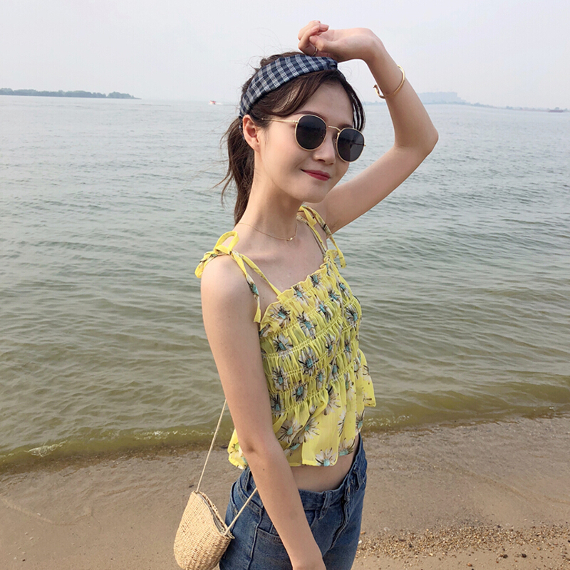 夏季2018新款韩版宽松防晒衣雪纺碎花短款上衣带背心女外穿学生粉红色带单件均码