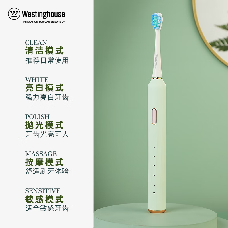 西屋(WESTINGHOUSE) 成人声波电动牙刷 5档刷牙模式 全身水洗 充电款 WT-504Y/WT-504G高清大图