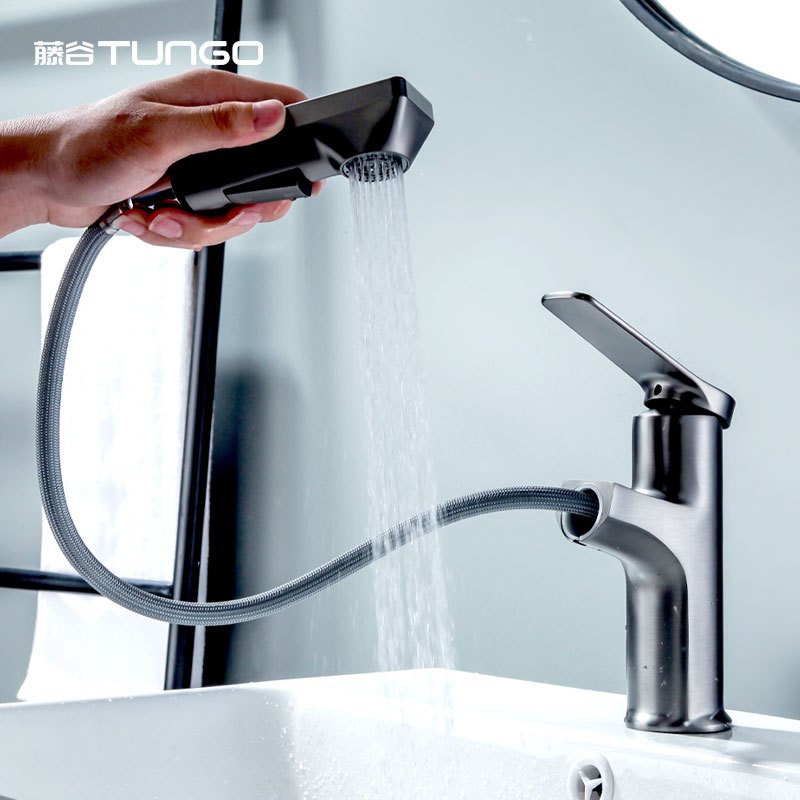 抽拉式面盆水龙头冷热洗脸盆龙头 卫生间台盆洗手盆双出水精铜龙头