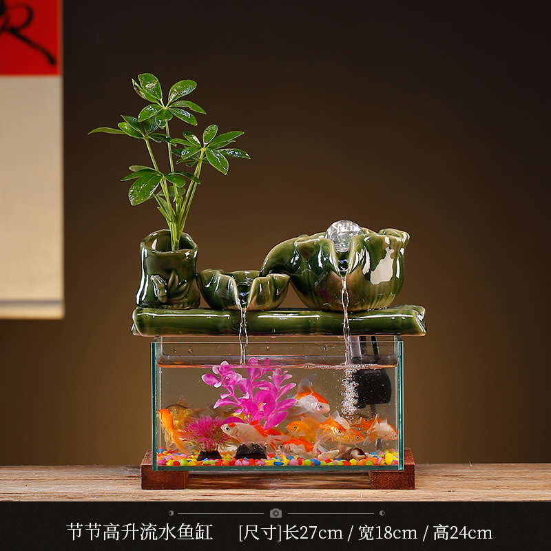 陶瓷流水生财玻璃鱼缸摆件客厅电视柜装饰轮办公开业乔迁礼品