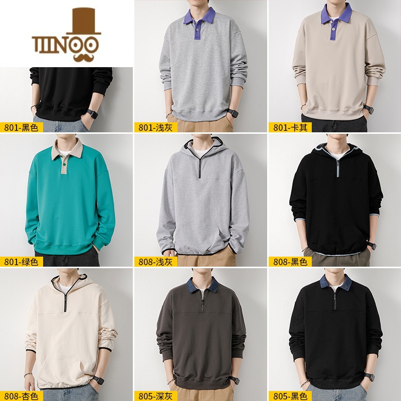 YANXU卫衣男士2023新款潮牌宽松t恤长袖百搭休闲翻领男装上衣款高清大图