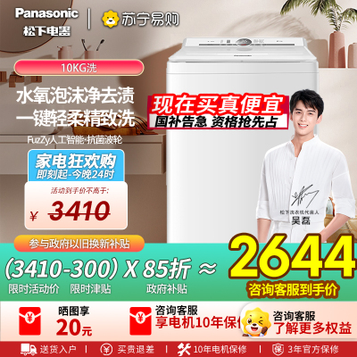 松下波轮洗衣机全自动10kg白月光不弯腰4.0轻享版 智能桶自洁内衣洗衣机 XQB100-U1F1