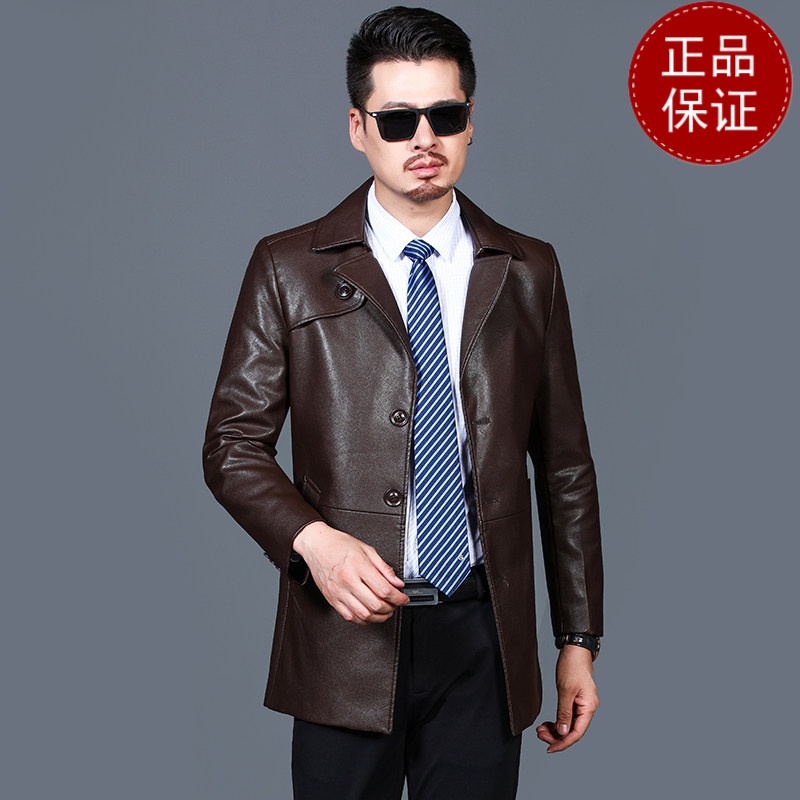 免费试穿冬季防水皮风衣男外套时尚西装领短款大衣后中开叉修身中长款皮衣2021冬装新款外套 190 棕色
