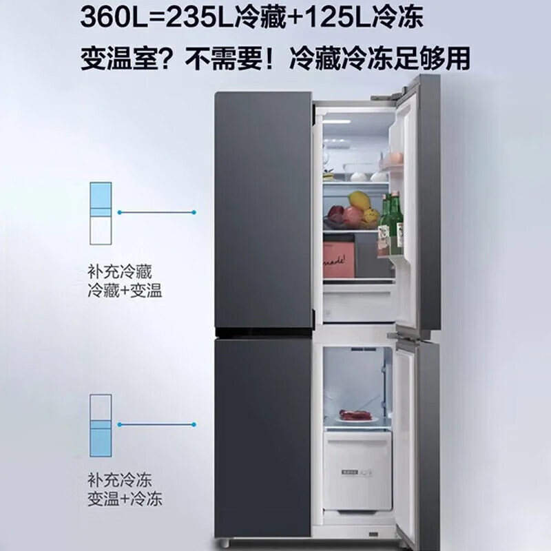 荣事达465升生态养鲜纤薄嵌入式风冷无霜一级能效十字对开双开四开门电冰箱 R465FCAM