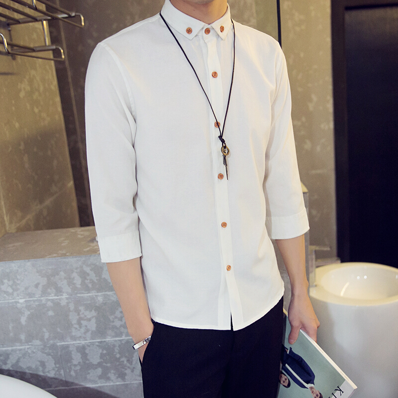 夏季白衬衫短袖修身男士7七分袖衬衣服中袖韩版潮流男装寸衫学生