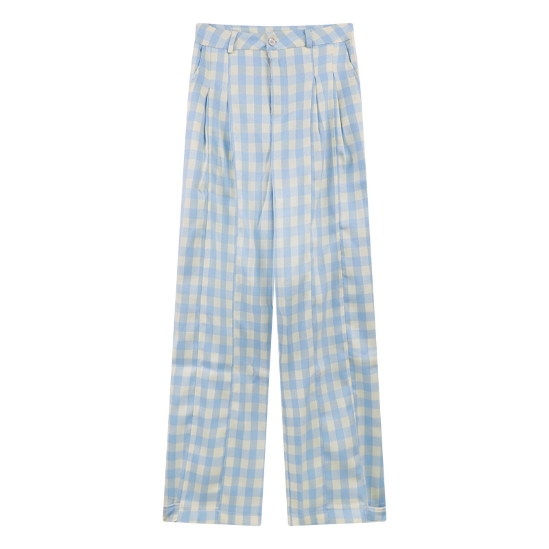 YIBUSHENG薄荷蓝格子条纹苎麻亚麻直筒休闲裤女2024季宽松垂感高腰阔腿裤
