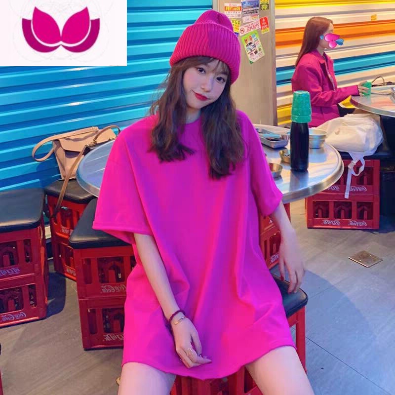 七斓玫红色t恤女短袖大码网红2023新款夏ins风T中长款宽松纯色上衣潮高清大图