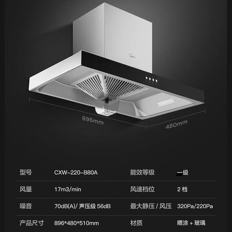 美的(Midea) 欧式17m3 大风量抽油烟机 480mm黄金比例+320Pa超大风压 CXW-220-B80A*