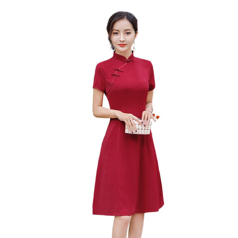 美帛夏季新款改良版旗袍女中国风纯色遮肚显瘦中长款旗袍连衣裙