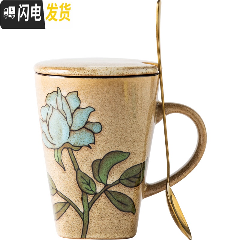 三维工匠手绘欧式马克杯大容量创意陶瓷杯个性轻奢情侣杯子潮流水杯带盖勺 红色金色勺+陶瓷盖高清大图