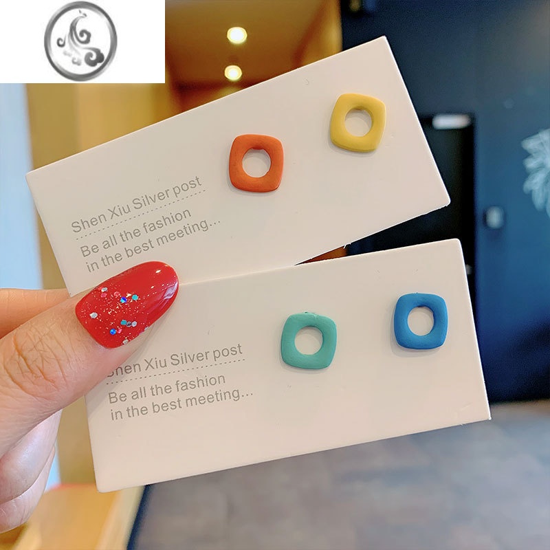 JiMi简约个性撞色双色镂空方块小耳钉银针森系小巧耳环耳饰潮秋冬网红高清大图