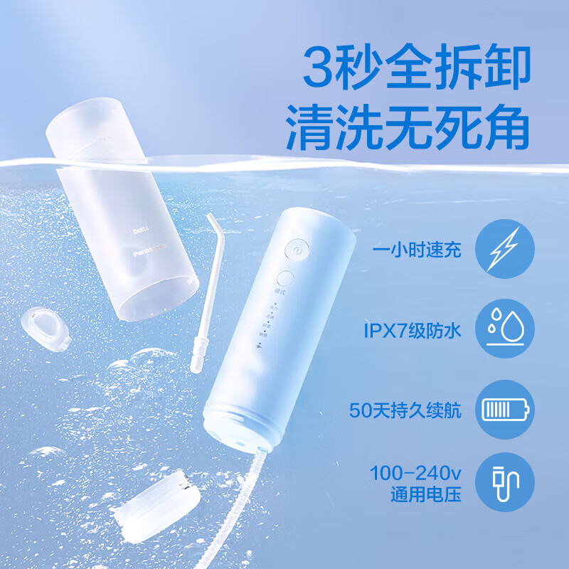 松下伸缩便捷式冲牙器洗牙器水牙线 洁牙器 美牙仪小圆管海盐雾霾蓝 EW-DJ33-A405高清大图