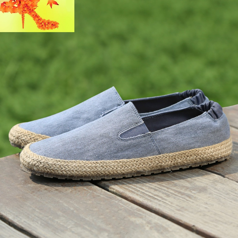 夏季一脚蹬渔夫鞋男士中国风亚麻编休闲布鞋老北京透气懒人帆布 简畅