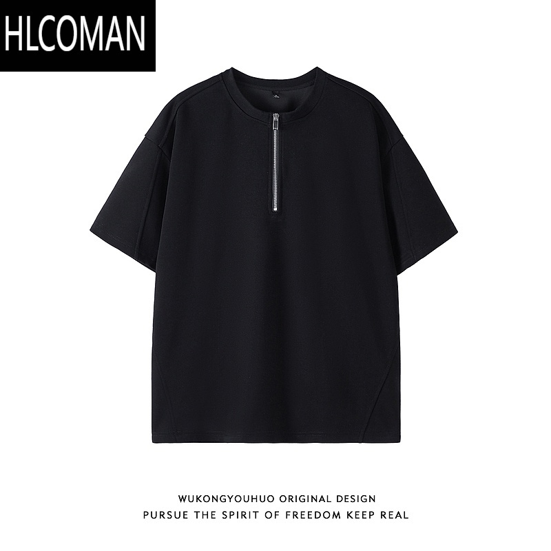 HLCOMAN美式小众cleanfit半拉链短袖T恤男潮牌简约宽松百搭体恤