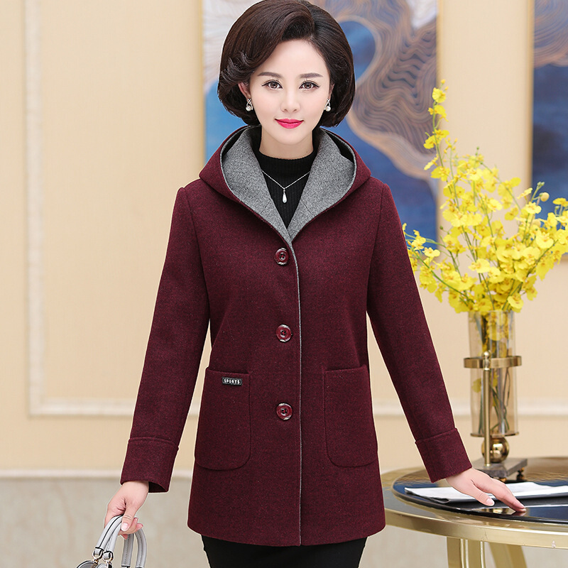 迪鲁奥（DILUAO)【新款妈妈装】中老年毛呢外套女2019新款妈妈春装中长款带帽呢子大衣春秋上衣_537 酒红色 4XL(建议141-155斤左右)