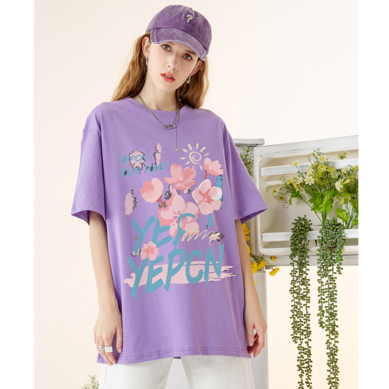 唐狮夏季新款情侣短袖T恤男女同码花卉印花上衣圆领宽松潮牌